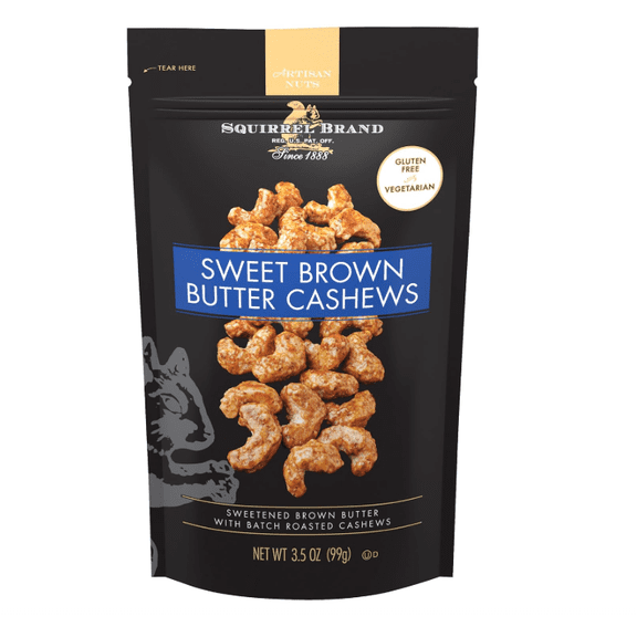 Squirrel Brand Sweet Brown Butter Cashews, 3.5 Ounces Resealable Bag, Gluten Free, Vegetarian