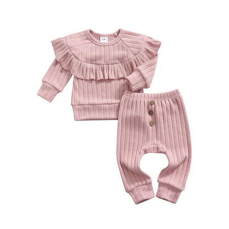 

Fiomva Kids Knitted Sweater Set Long Sleeve Tops Long Pants Baby Outfits Pink 0-3 Months