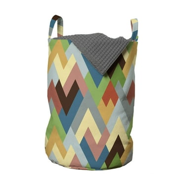 Geometric Laundry Bag, Retro Style Inspired Intersected Zigzag Shaped Colorful Abstract Stripes, Hamper Basket with Handles Drawstring Closure for Laundromats, 13" x 19", Multicolor, by Ambesonne