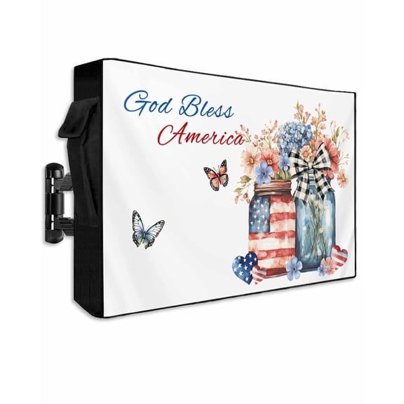 4th of July Outdoor TV Cover 30 to 32 Inch Weatherproof, Independence Day Spring Floral US Flag 600D Oxford TV Covers with Waterproof Zipper, Outside Flat TV Screen Protector Size 30"W x 19"H x 4.5"D