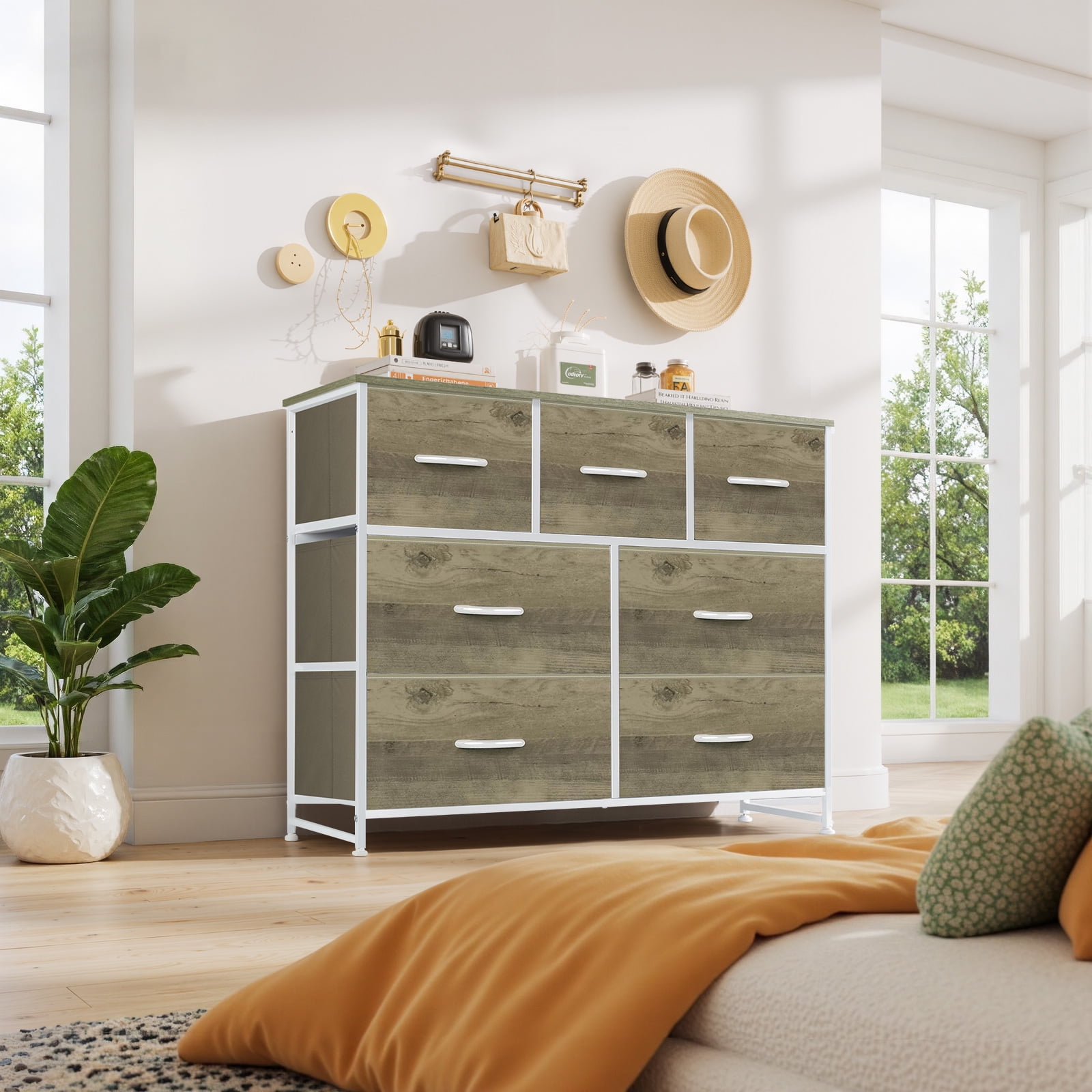Dresser, Betcozy Storage Organizer with 7 Drawers for Bedroom, Chest of Drawers with Fabric Bins, Sturdy Metal Frame, Wood Tabletop for Guest Room, Closet, Entryway, Nursery, Smoked ash