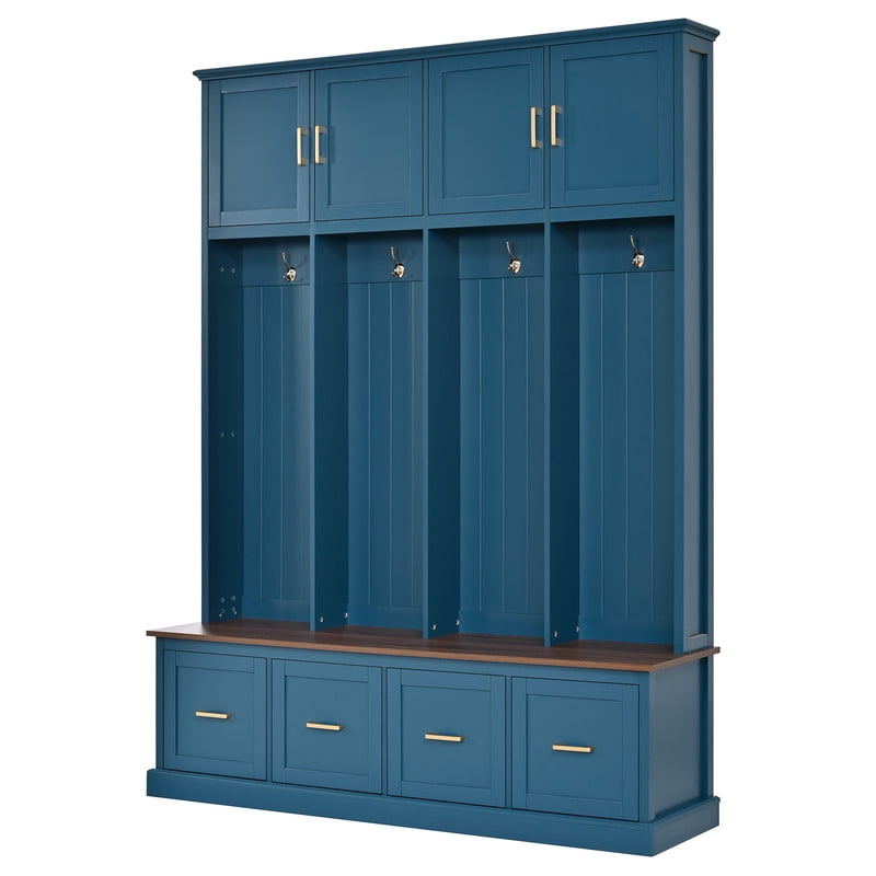 Farmhouse Hall Tree Entryway Storage Bench with Top Storage Cabinets, Mudroom Organizer Shoe Bench with 4 Drawers, Entryway Coat Rack with Hooks for Living Room Hallway