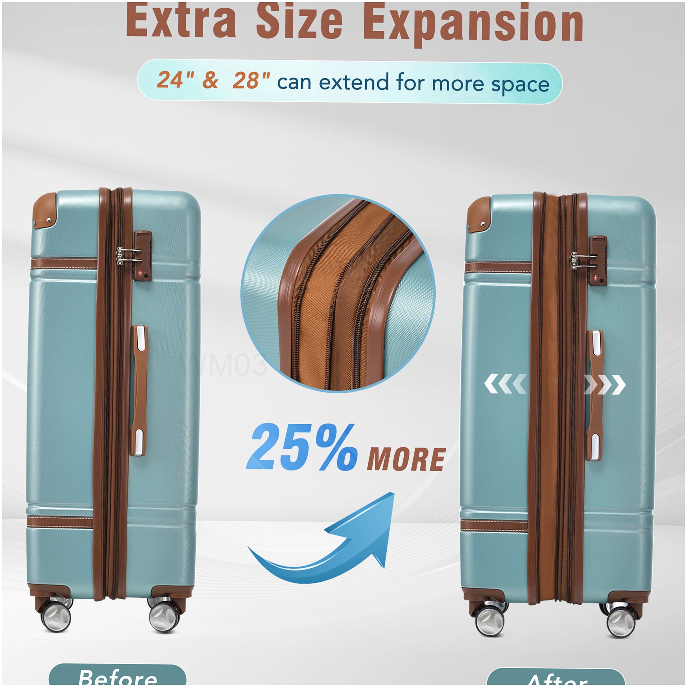 3-Piece Lightweight Hardshell Spinner Luggage Set in Green, TSA Lock, 20in & 24in ABS Suitcase with Cosmetic Case
