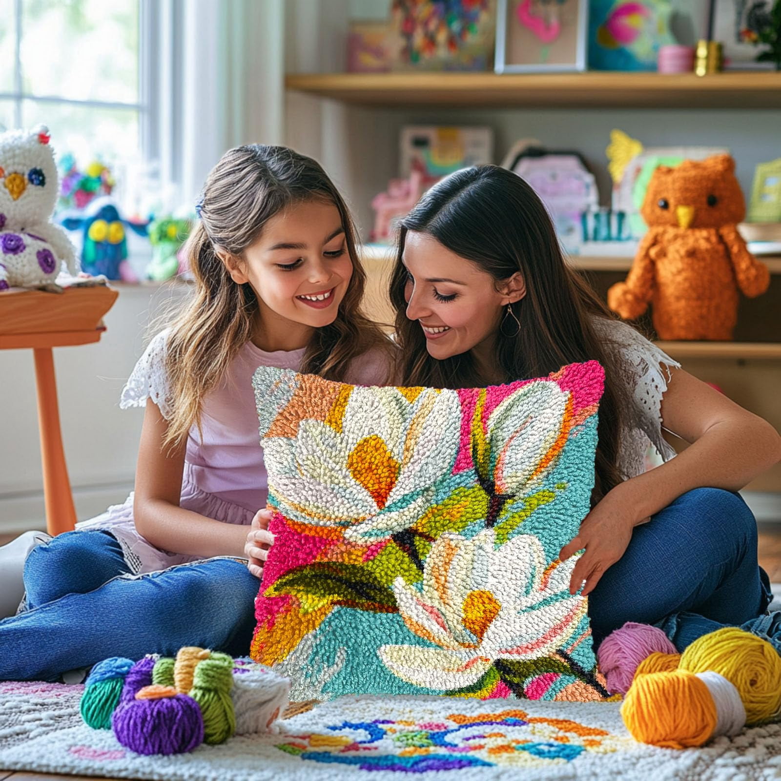 White Magnolia Flowers DIY Latch Hook Pillow Kits for Adults Printed Pillowcase Crochet Yarns Hooking Handmade Pillow Cover Cushion for Home Sofa Decoration 17x17inch(1)