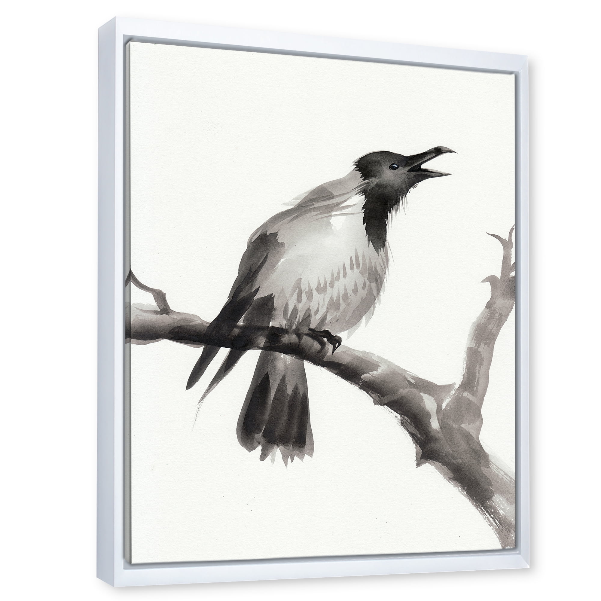 Monochrome Crying Crow On A Branch 16 in x 32 in Framed Painting Canvas Art Print, by Designart