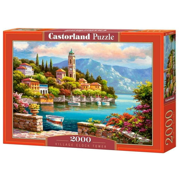 2000 Piece Jigsaw Puzzle, Village Clock Tower, Dolomites, Italy, Idyllic Landscape, Mountains and lake, Adult Puzzles, Castorland C-200696-2