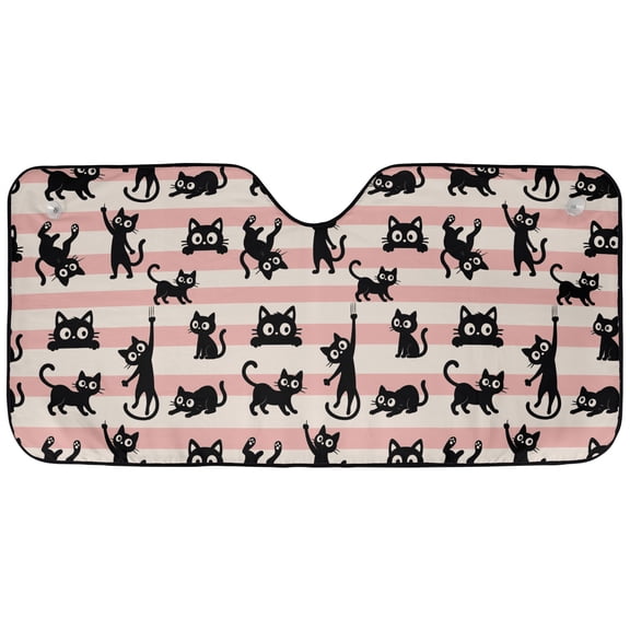 Cute Black Cat Car Sunshade – Kawaii Kitty Pattern Windshield Sun Shade, Pink Stripe Cat Lover Auto Sun Visor Cover, Funny Cat Car Accessory