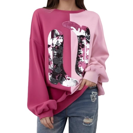 FYEGRE Women Cute Glitter Holiday Letter Sweaters Sparkle Sequin Long Sleeve Tops Casual Round Neck Pullover Sweatshirts Hot Pink XXL