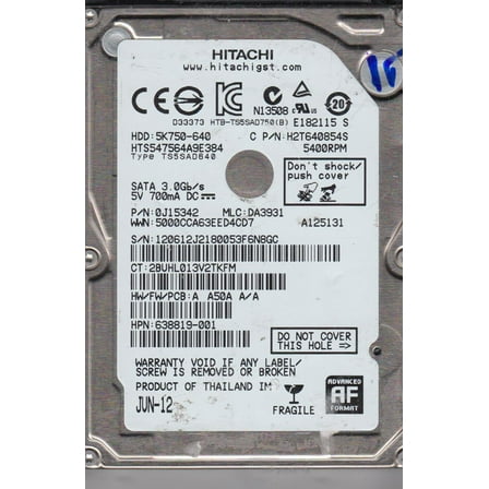 HTS547564A9E384, PN 0J15342, MLC DA3931, Hitachi 640GB SATA 2.5 Hard Drive