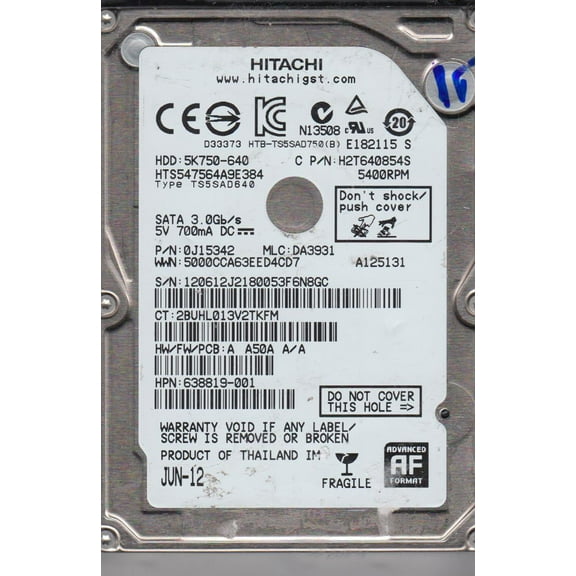 HTS547564A9E384, PN 0J15342, MLC DA3931, Hitachi 640GB SATA 2.5 Hard Drive