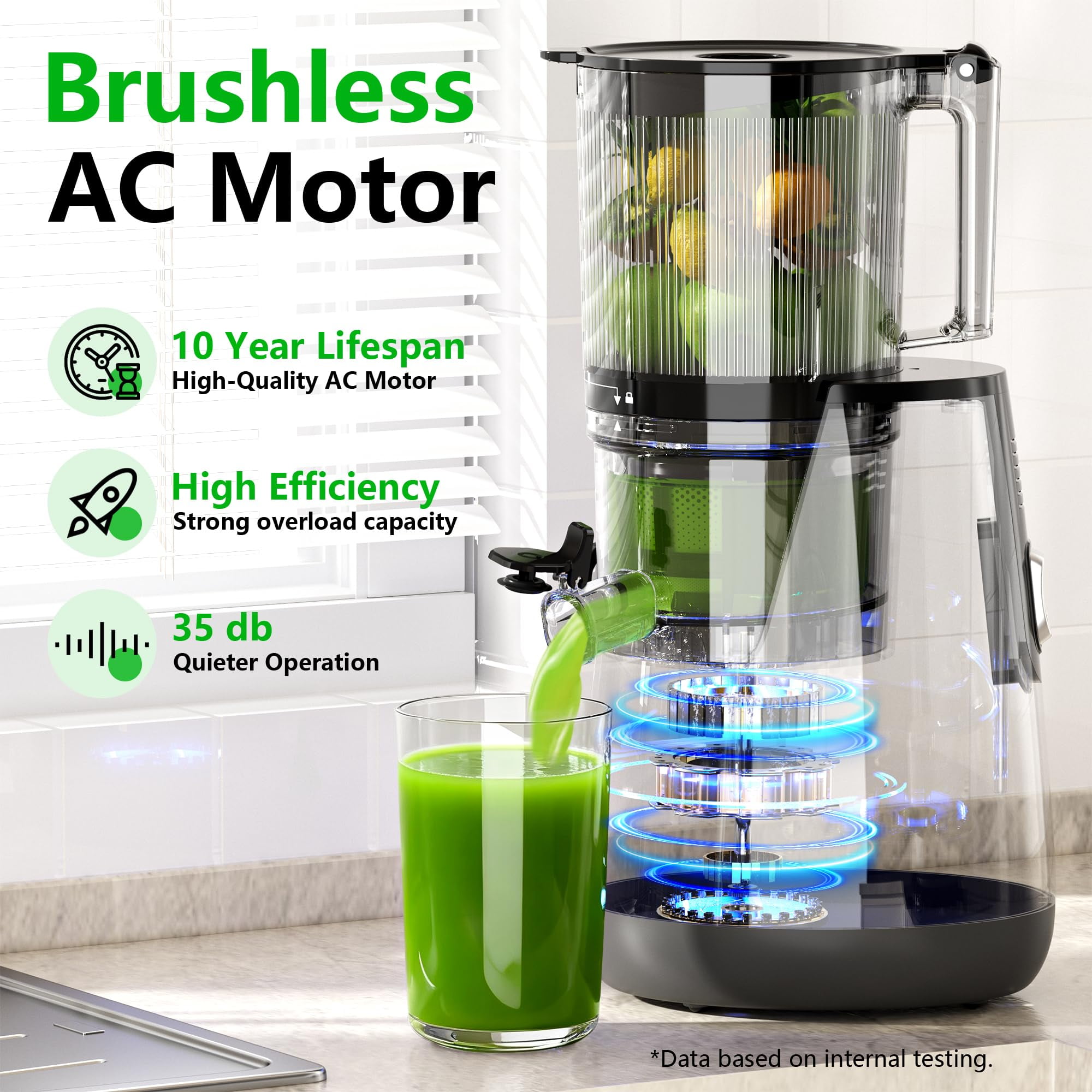 Cofiyard Cold Press Juicer, 6" Wide Feed Chute Slow Masticating Juicer Machine, Self Precut System, High Juice Yield, BPA-Free, Extra one Replace Juicer Strainer, Dark Gray