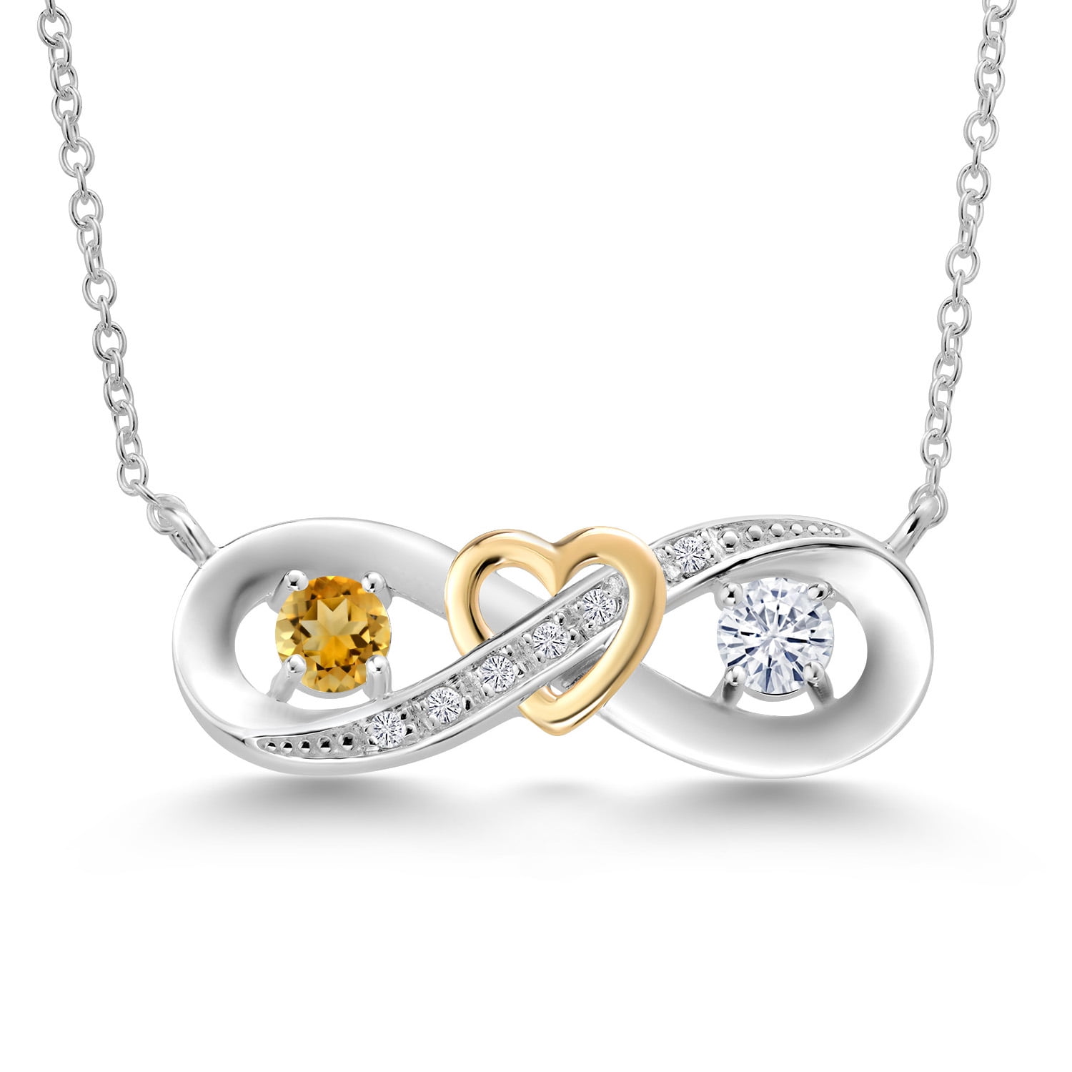 Gem Stone King 0.55 Cttw Heart Interlocking Infinity Symbol Citrine Moissanite and Lab Grown Diamond Pendant Necklace for Women | 925 Silver and 10K Yellow Gold | With 18 inch Chain