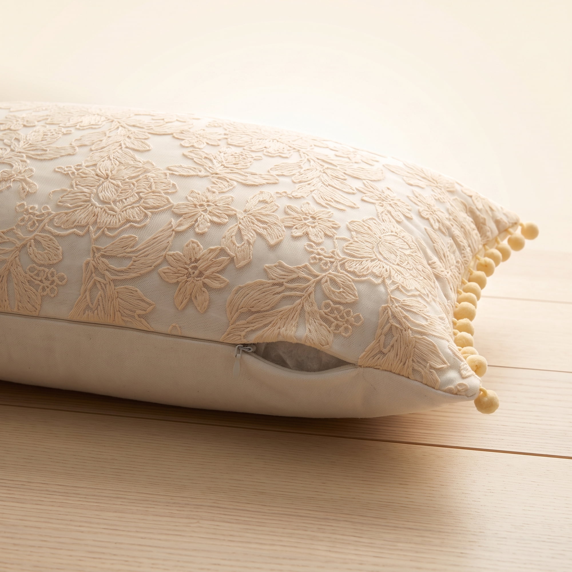 Unique Bargains Elegant Vintage Floral Throw Pom-Pom Pillow Covers Beige 20" x 12"