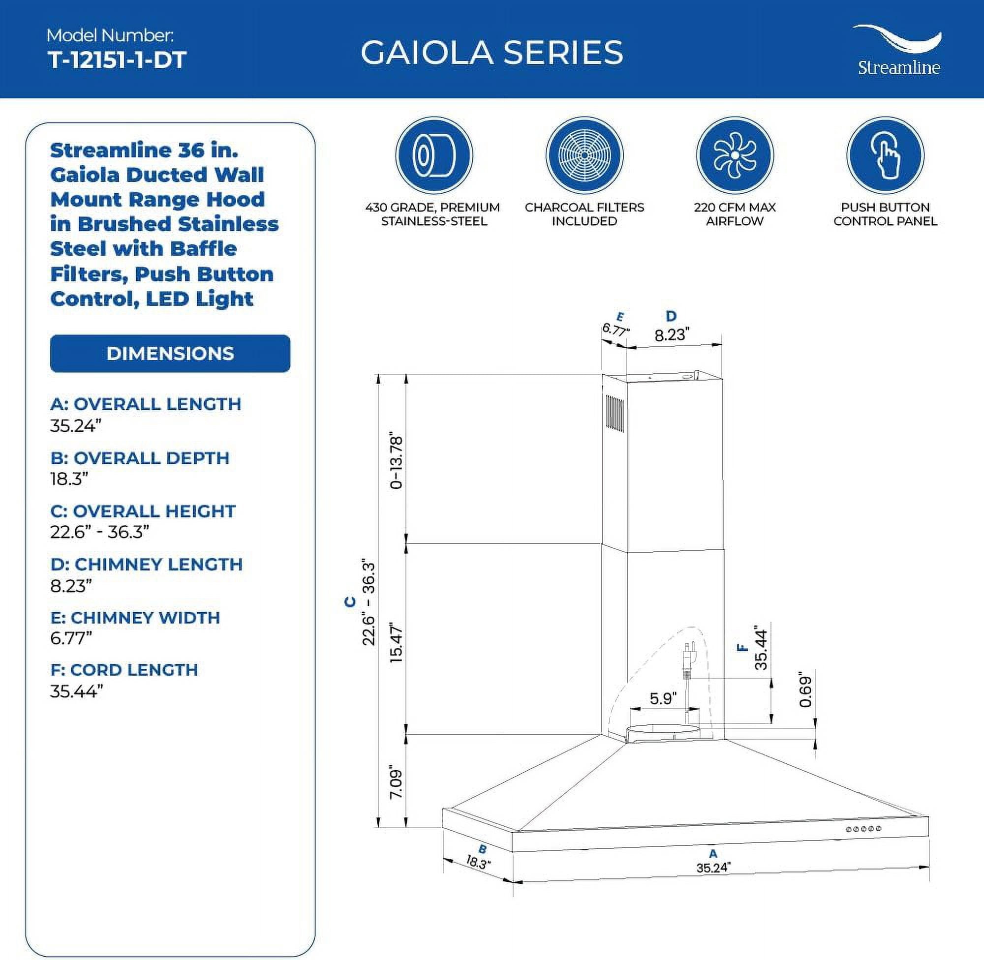 Streamline 36 in. Gaiola Ducted Wall Mount Range Hood in Brushed Stainless Steel with Baffle Filters, Push Button Control, LED Light