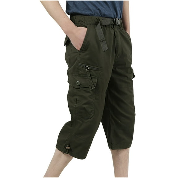 M-5X Mens Capris Cargo Pants Big and Tall Plus Size Cotton Cropped Trousers Drawstring Elastic Waist Solid Straight Leg Multi-Pockets Pant