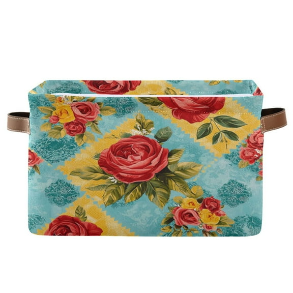 WOBOGO Vintage Rose Quilt Chart Square Storage Basket with Waterproof Canvas and PE Lining Durable PU Leather Handles 14.2×10.2×8.3in