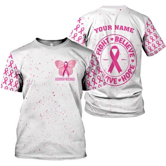 Personalized Breast Cancer 3D Shirt, Pink Ribbon Awareness T-Shirt, Survivor Pride Tshirt Breast Cancer Shirt (S)