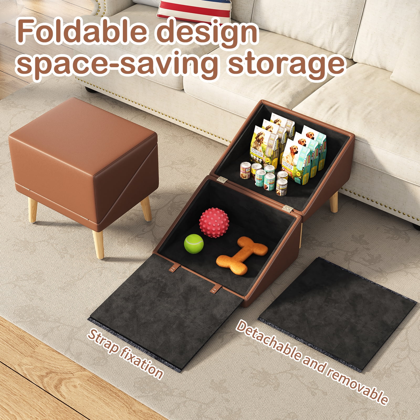 3-in-1 Dog Ramp 18.89"×17.91"×20.08" with Storage – Pet Stairs for Senior & Injured Dogs & Cats, Hidden Storage Footstool, Ottoman Anti-Slip, Supports 265 lbs for Beds & Sofas (BROWN Color)