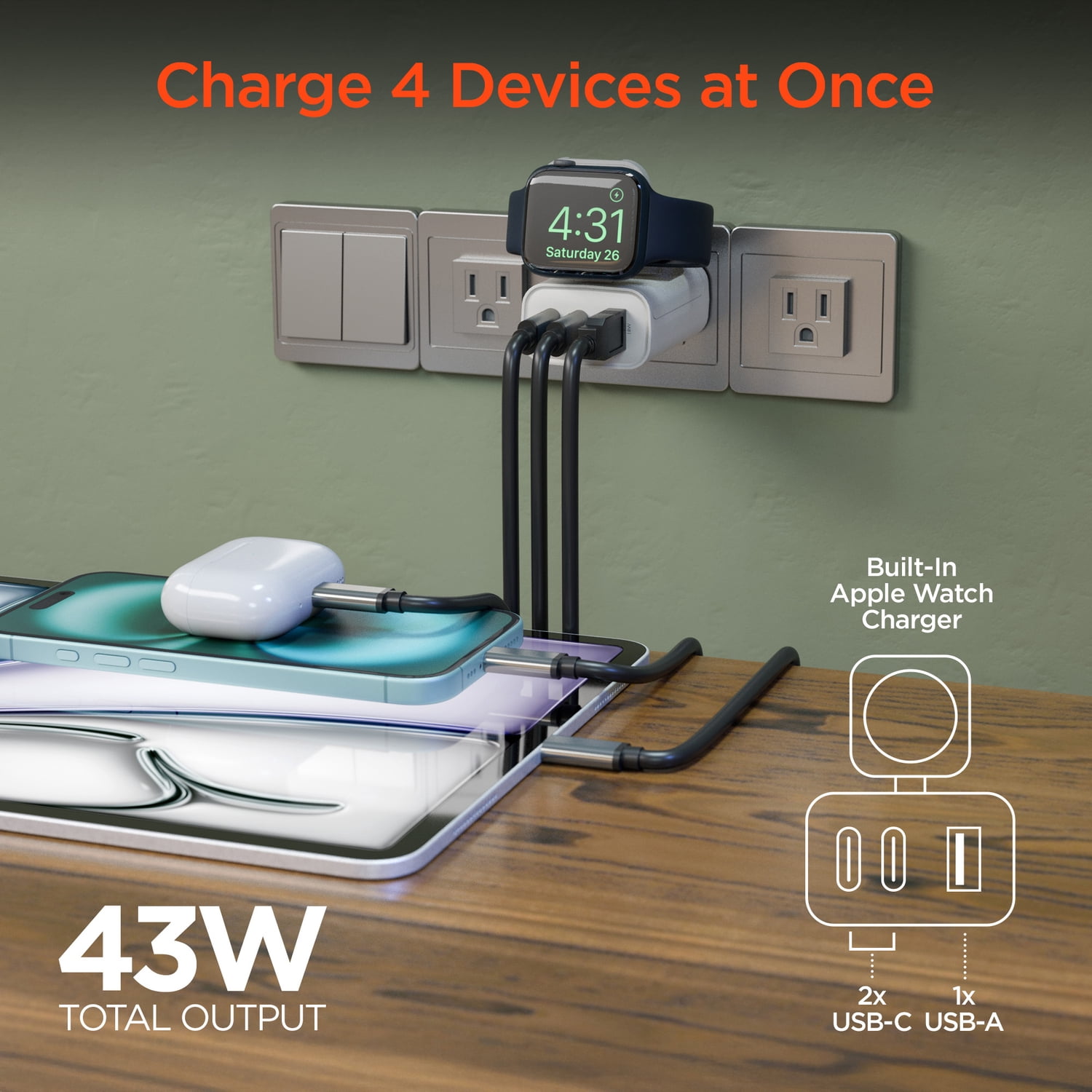 HyperGear SpeedBoost 43-Watt 3-Port USB Wall Charger with Built-in Apple Watch Charger