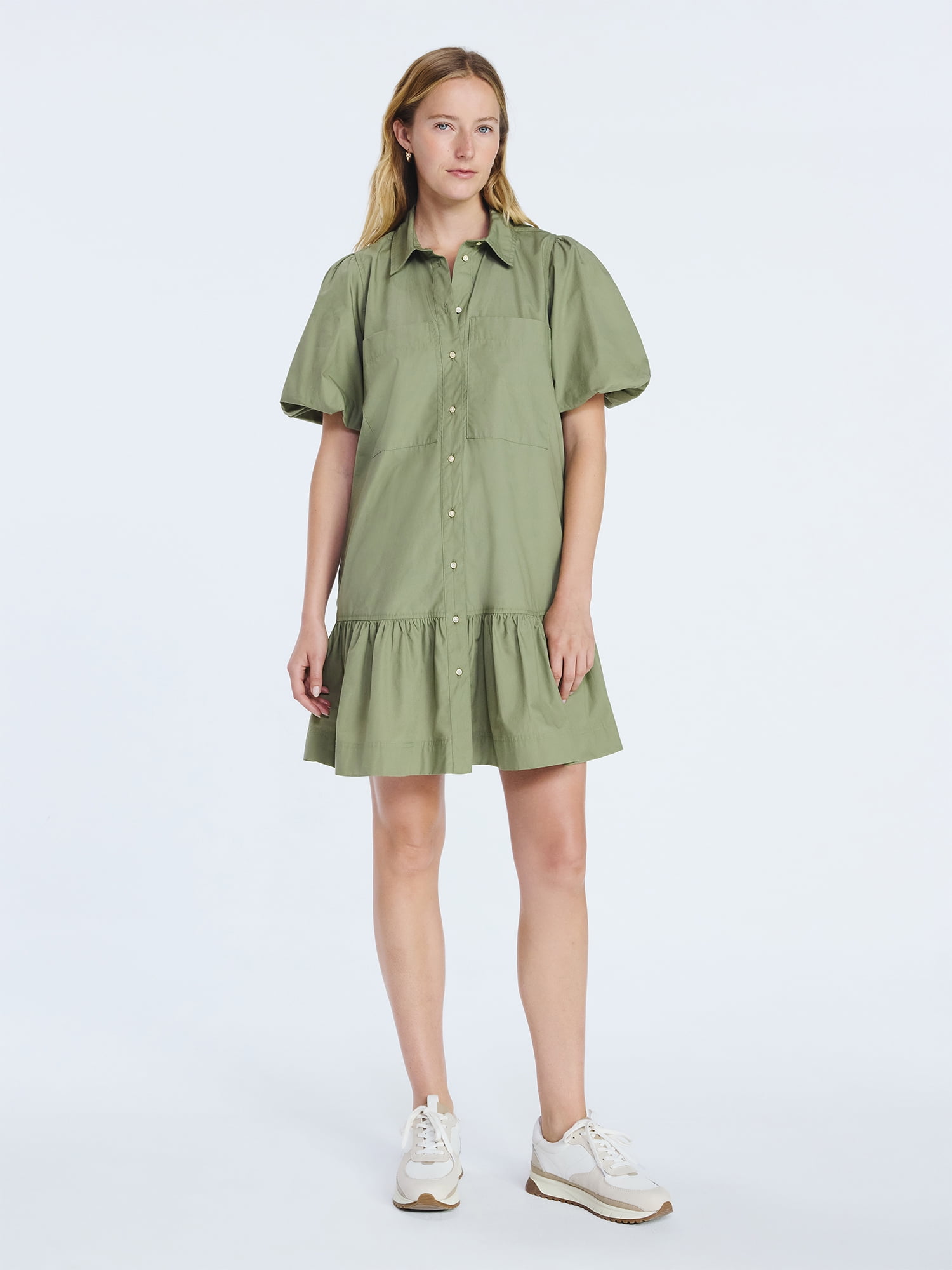 Free Assembly Women’s and Women's Plus Cotton Ruffle Mini Dress with Puff Sleeves, Sizes XS-4X