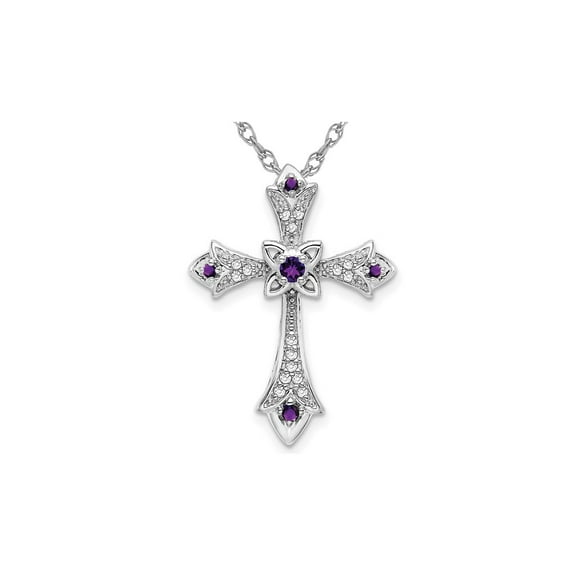 1/10 Carat (Ctw) Amethyst Cross Pendant Necklace with Diamonds in 10K White Gold with Chain for Women