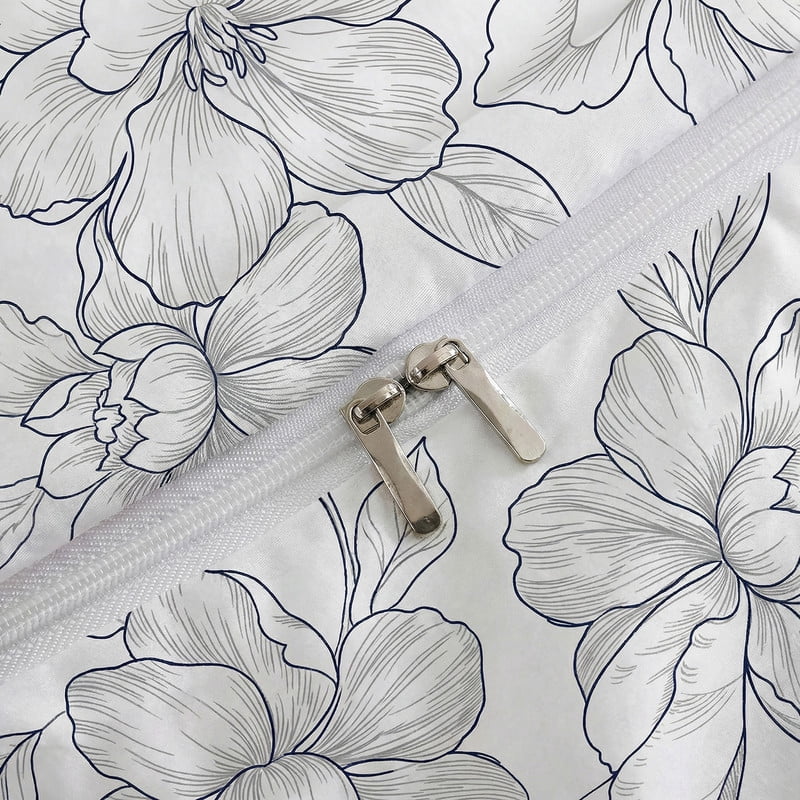 100% Cotton Floral Duvet Cover Set King Size, Ink Style Gray Sketch Floral Bedding, 3 Pcs with Zipper Closure & Corner Ties, Soft Breathable Duvet Cover for All Seasons
