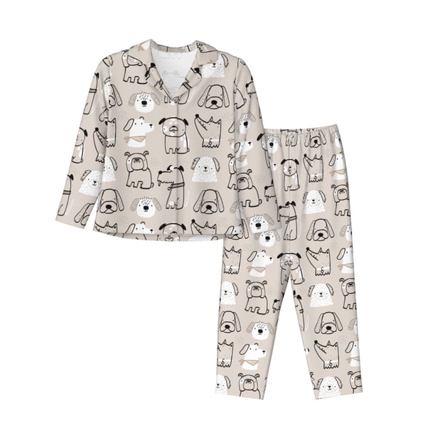 Fotbe Puppy Conjunto de Pijama de Manga Larga para Mujer con Estampado, Ropa de Dormir de 2 Piezas, Conjunto de Casa Suave y Cómodo con Bolsillos-Medium