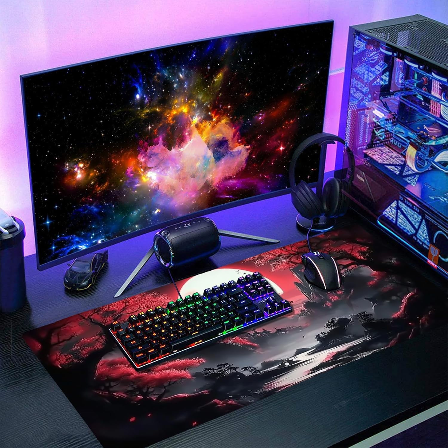 Black Red Japanese Gaming Mouse Pad XXL Moon Sakura Cherry Blossom Extended Big Large Desk Mat Non-Slip Rubber Base Stitched Edge Long Keyboard Mousepad for PC Computer Laptop,35.4×15.7 in