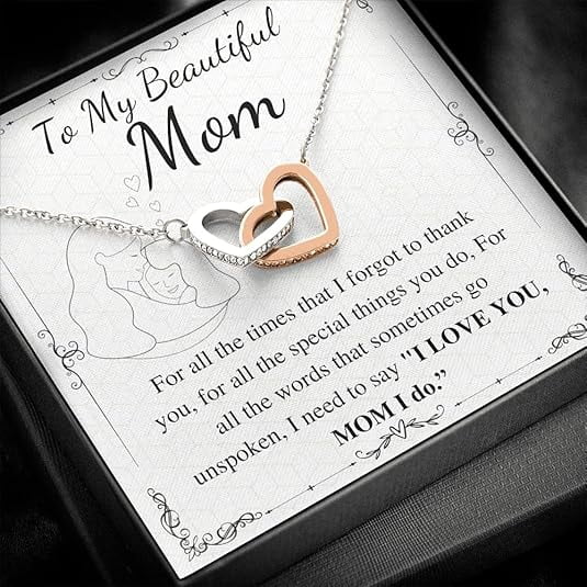 Interlocking Heart Necklace Christmas Gift for Beautiful Mom from daughter and son, Mothers Day Gift for mother, jewelry gift for Mom with personalized message