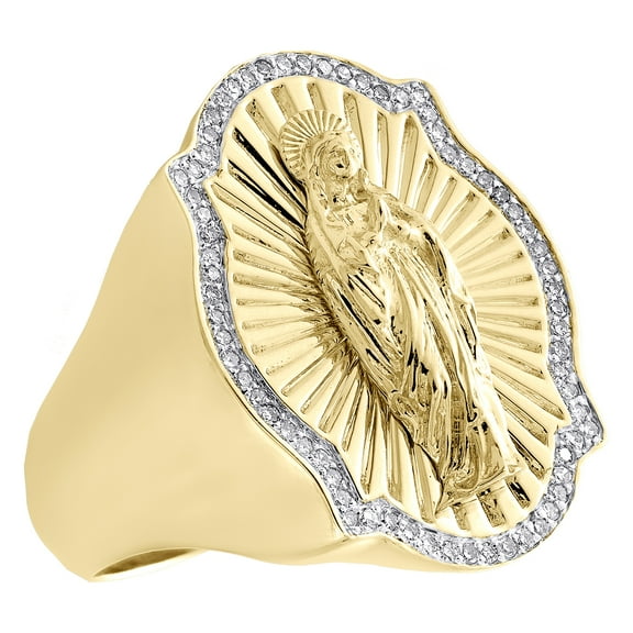 10K Yellow Gold Round Diamond 25mm Virgin Mother Mary Pinky Ring Band 1/4 CT.