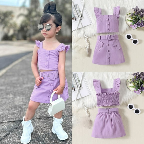 SNKSDGM Girls Birthday Girl Outfit 5 Years Old Baby Girl Clothes Toddler Kids Baby Girls Ruffle Sleeveless T Shirt Tops Button Skirts with Belt 3Pcs Summer Outfits Clothes Set 3-4 Years