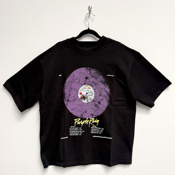 Prince Unisex Oversized Boxy T-Shirt Purple Rain Disc (Black)