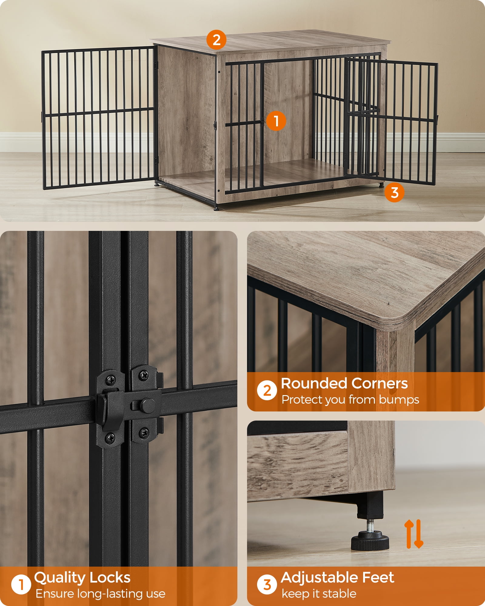 Feandrea Dog Crate Furniture, 43.3" Side End Table, Modern Kennel for Dogs Indoor up to 80 lb, Heavy-Duty Dog Cage with Enclosed Base, Double-Door Dog House, Heather Greige