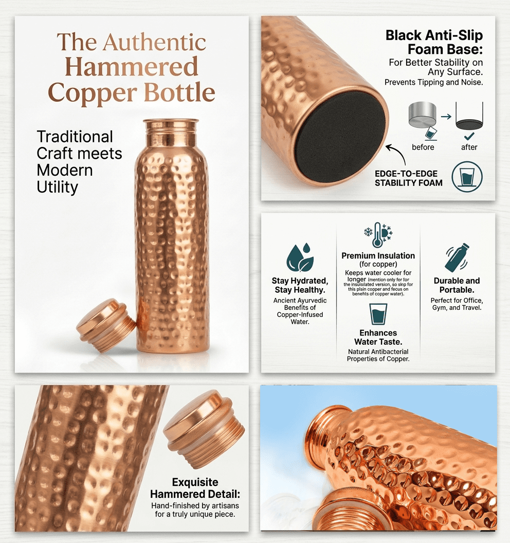 34oz Pure Copper Water Bottle for Drinking – Leak Proof Lid – 1000 mL Ayurvedic Hammered Copper Water Bottle