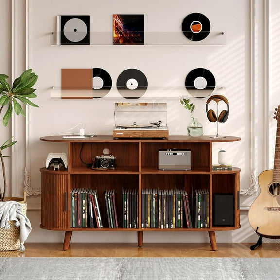 M optimized 55in Large Record Player Stand, Fluted Turntable Stand Mid Century Modern Record Player Vinyl Storage Table with Open Shelves and Charging Station for Living Room Bedroom