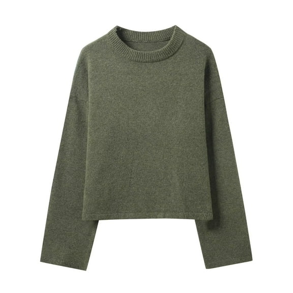 Ruimatai Women's Cropped Sweater Olive Green Soft Knit Long Sleeve Crewneck Tops for Casual Wear and Daily Outfits