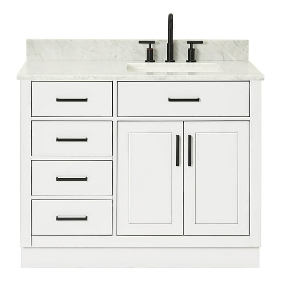 Ariel Hepburn 43 In. Right Offset Rectangle Sink Vanity With 0.75 In. Carrara White Countertop In White