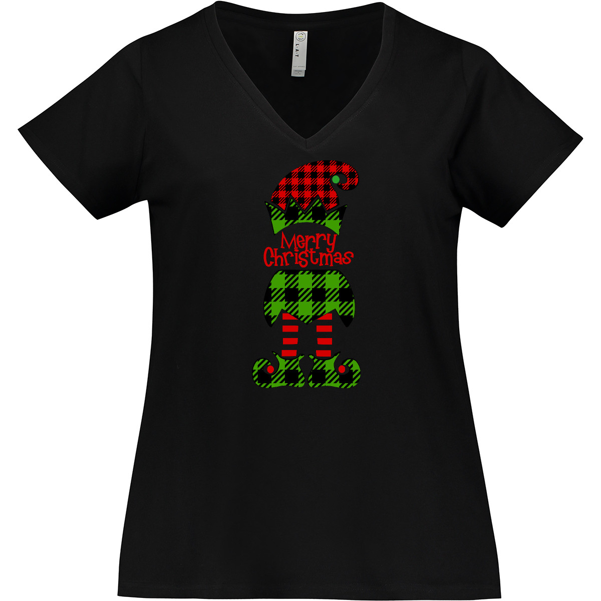 Inktastic Merry Christmas Elf in Red and Green Plaid Women's Plus Size V-Neck T-Shirt
