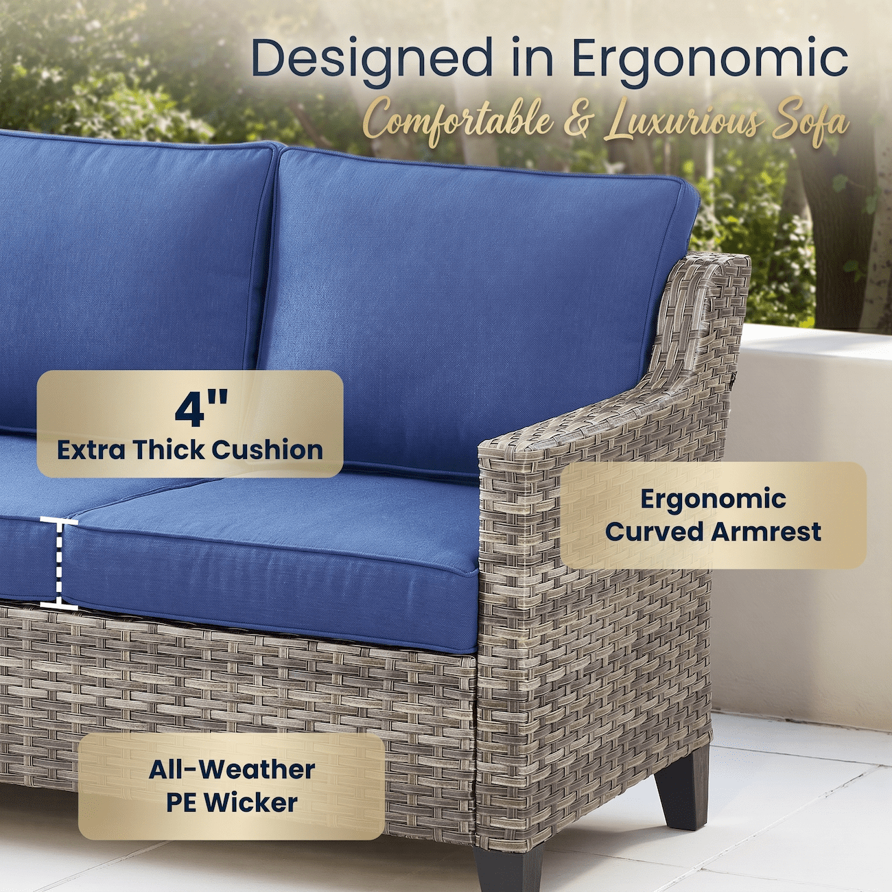Outdoor Patio Sofa 3 Seat, 73” Wicker Rattan Couch with Cushions, All Weather PE Rattan Outdoor Sofa, Sloped Armrest, Steel Frame, UV Water Resistant Patio Furniture for Balcony Porch Backyard