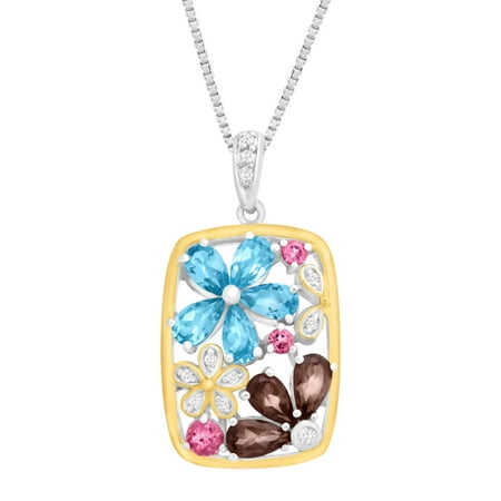 Duet 2 1/6 ct Multi-Gemstone Flower Pendant Necklace with Diamonds in Sterling Silver & 14kt Gold