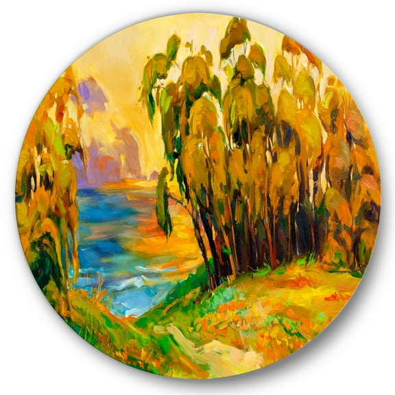 Designart 'Brown Trees By The Riverside During Evenign Glow' Traditional Circle Metal Wall Art 36x36 - Disc of 36