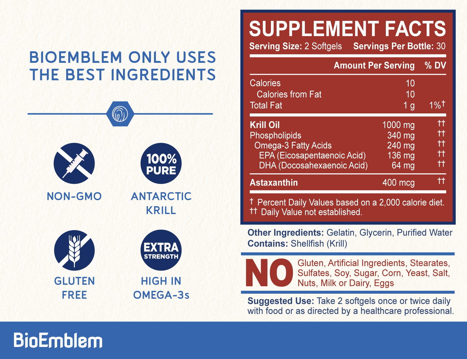 BioEmblem Antarctic Krill Oil Supplement | 1000mg | Omega-3 Oil with High Levels of EPA + DHA 60 Count