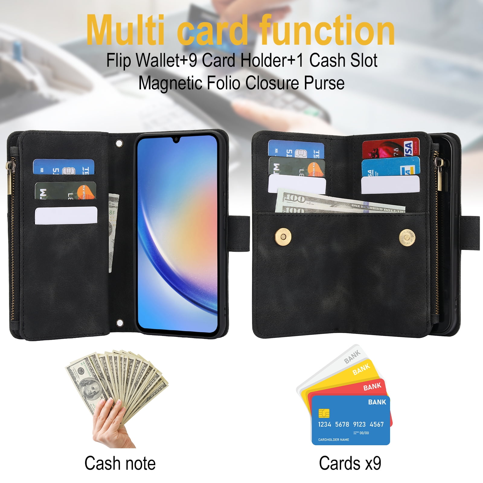for Samsung Galaxy S24 FE Wallet Case with Card Holder for Women Men, Phone Case RFID Blocking PU Leather Flip Shockproof Cover with Shoulder + Wrist Strap Zipper Credit Card Slots Stand, Black