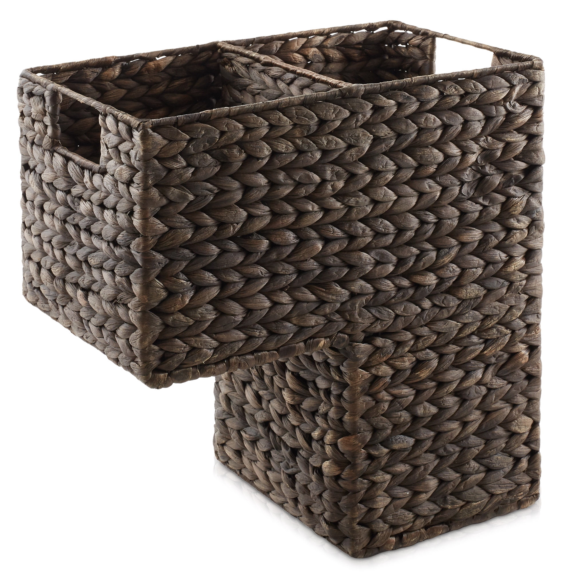 Casafield Stair Basket with Handles, Espresso Dark Brown - Woven Water Hyacinth Staircase Step Organizer Bin