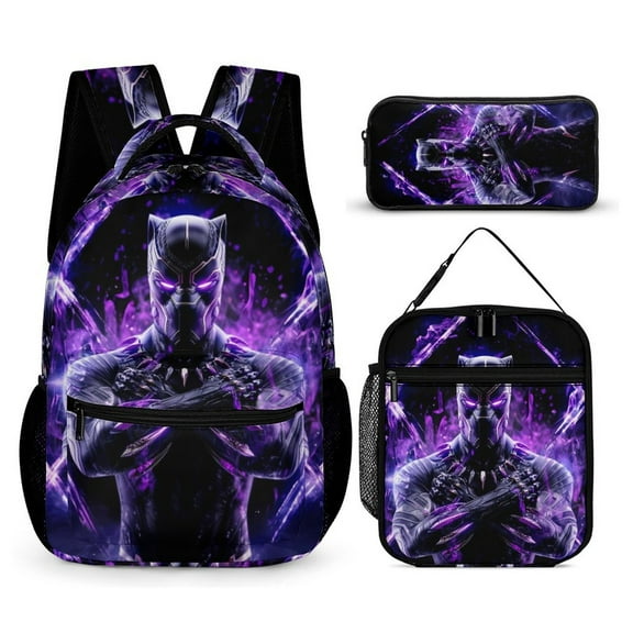 3PCS Backpack Set with Lunch Bag Pencil Case Black Panther Bookbags Knapsack Daypack Outdoor for Men Women