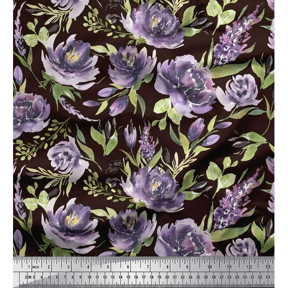 Soimoi Brown Cotton Poplin Fabric Leaves & Peony Floral Fabric Prints By Yard 42 Inch Wide