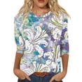 thumbnail image 2 of Women's 3/4 Sleeve Tshirts Dressy Casual Round Neck Blouse Tops Spring Summer Trendy Floral Print Loose Tunic Tops White 3XL, 2 of 5