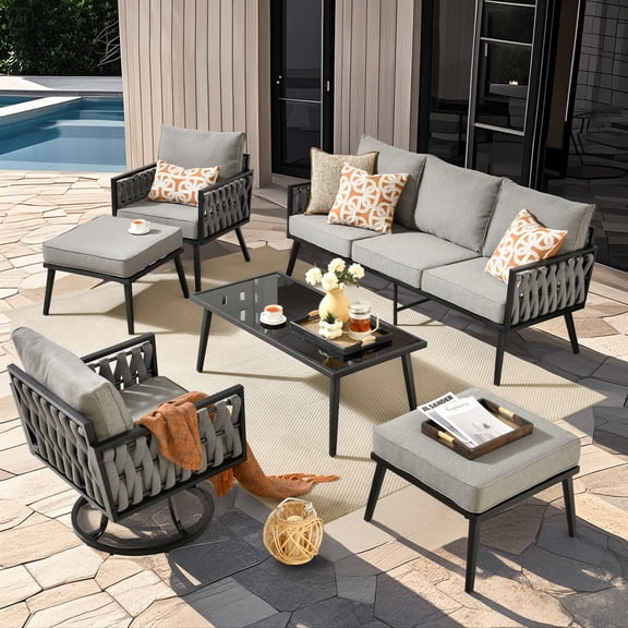 Vcatnet 6 Pieces Aluminum Patio Furniture Set with Swivel Chair, Modern Outdoor Conversation Sets with Coffee Table, Metal Outdoor Sectional Sofa, Dark Gray