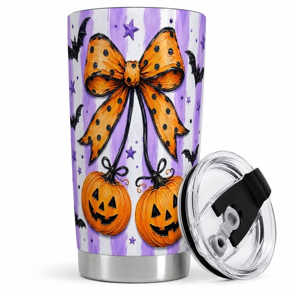 Orange Bow Pumpkin Tumbler, 20oz Insulated Drinkware for Halloween Fans Stainless steel insulated tumbler with lid, orange bow pumpkins and bat artwork for water, iced coffee, tea, or travel