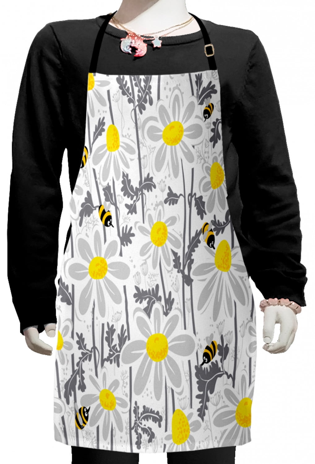 Grey Kids Apron, Daisy Flowers Bees in Spring Time Honey Petals Floret